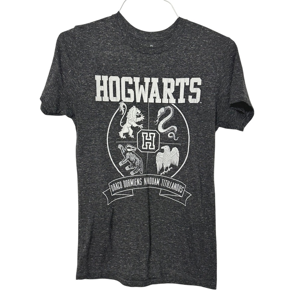 Harry Potter T-Shirt Womens Charcoal Hogwarts Crest Graphic Tee Linen Blend S
